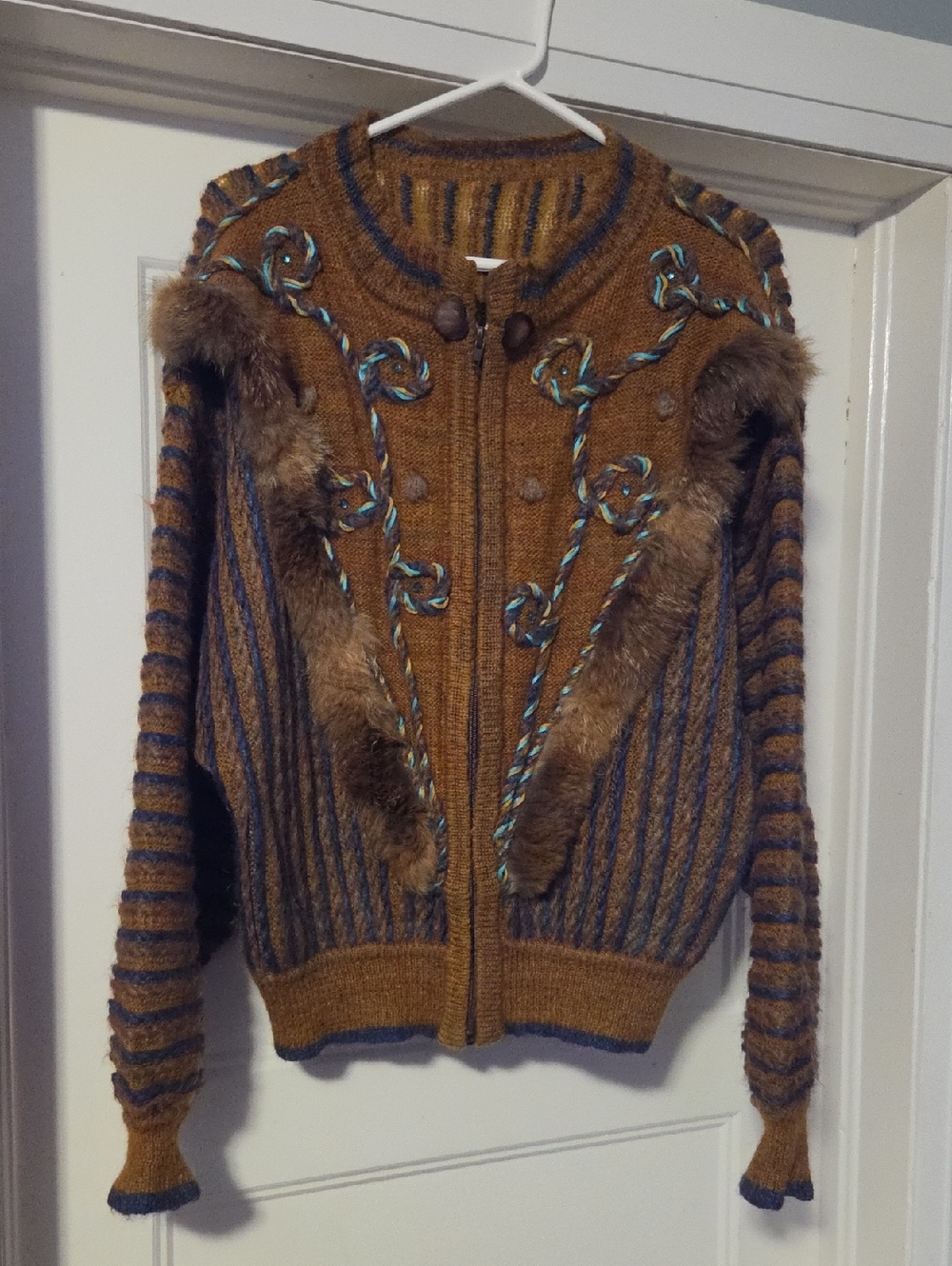 Embellished Brown Knit Zip Up Sweater with Fur Trim.